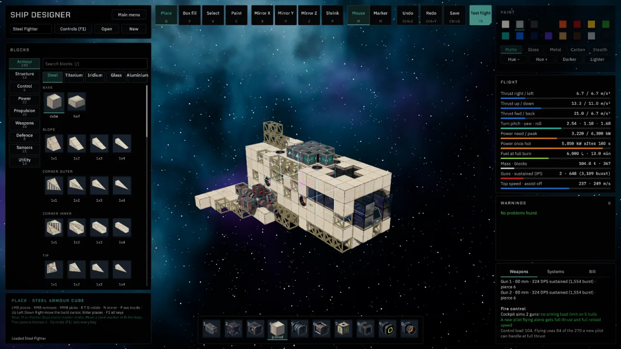 The Vermillion Online Ship Designer with the Steel Fighter, a block palette on the left and flight stats reading No problems found