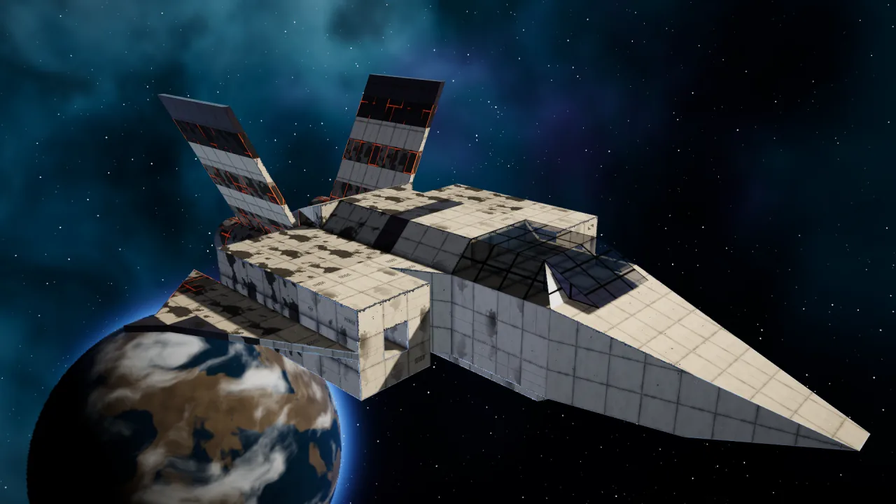 A block-built fighter with battle wear and scorch marks above a planet