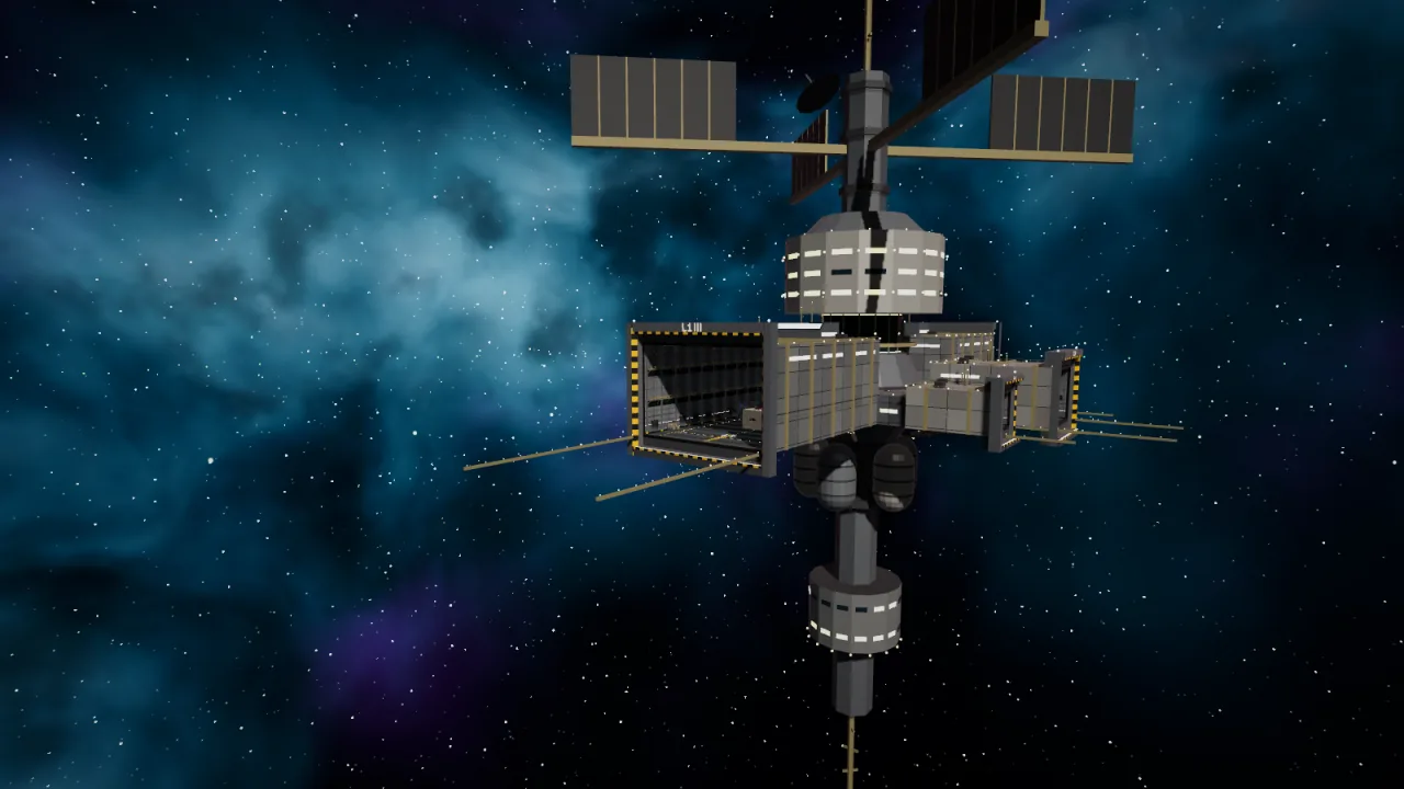 Haven Station in Vermillion Online seen on approach, docking bays and solar arrays against a coloured nebula