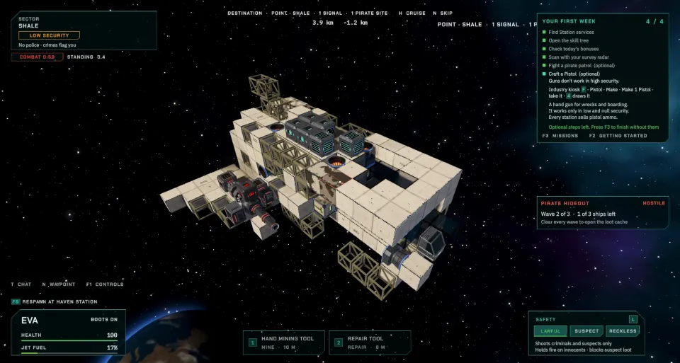 Close-up of the block-built Steel Fighter hull: white and grey cubes, a lattice frame and thrusters
