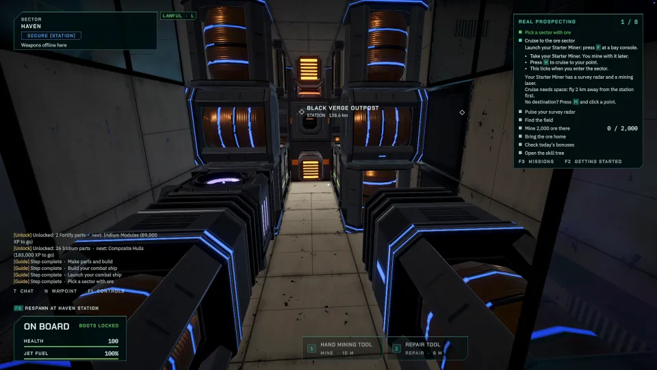 Walking inside the Steel Fighter, a blue-lit corridor built from blocks