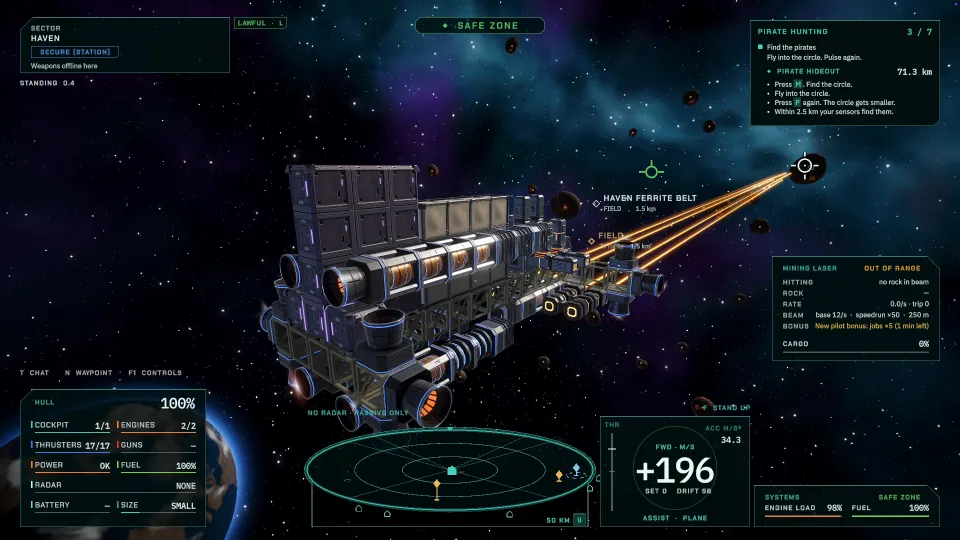 MinerV3, a player-designed mining ship, firing four orange mining beams with a planet below