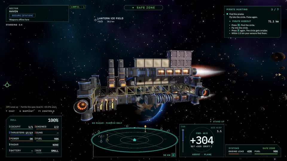 Side view of MinerV3, a player-built mining ship, with a long white thruster plume over an Earth-like planet