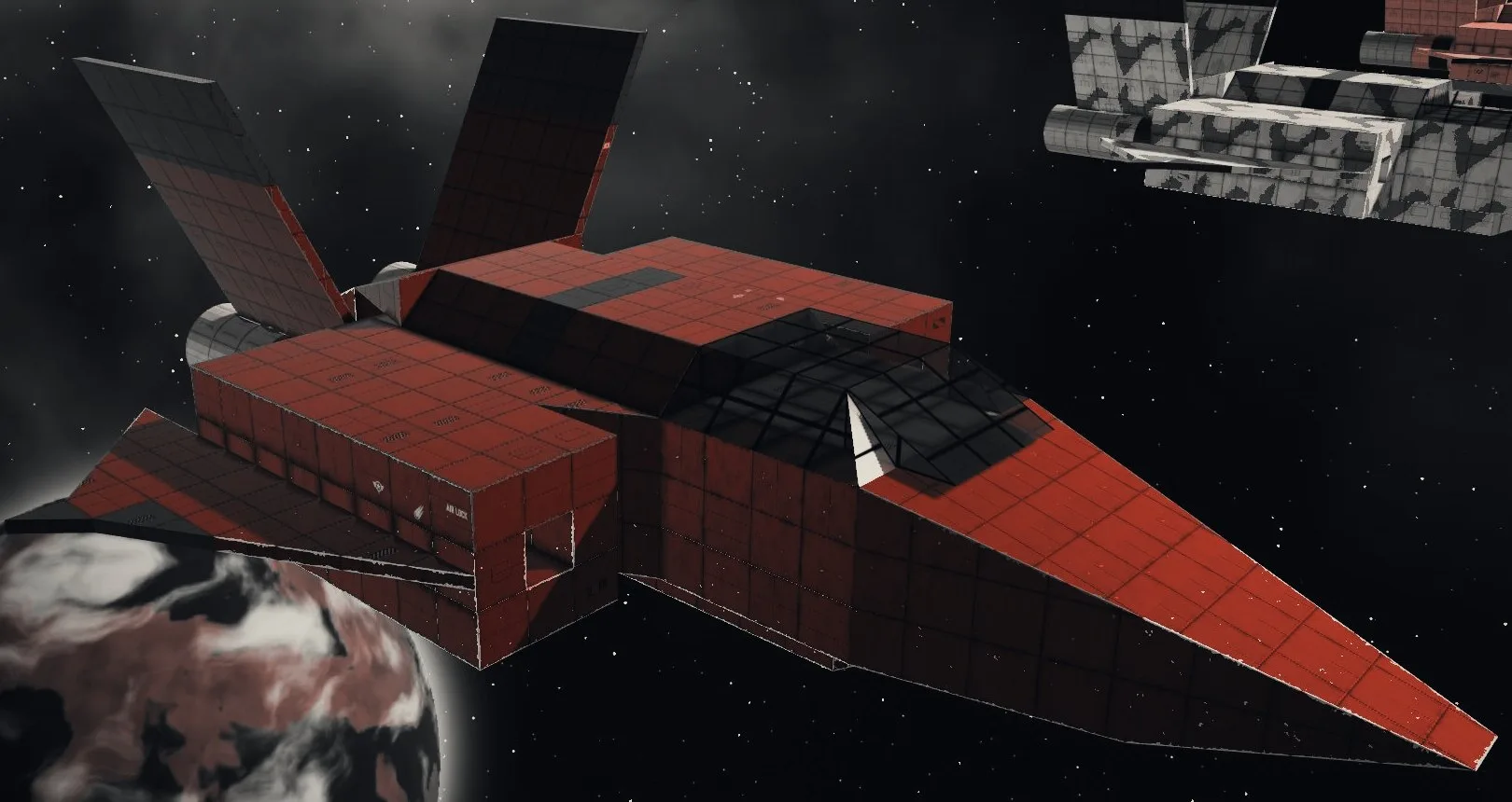 A block-built fighter painted in the red pirate livery, a planet behind it